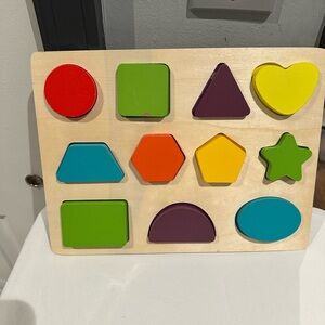 Bilingual Spanish & English labeled Colorful Wooden Shape Sorting Puzzle Velcro